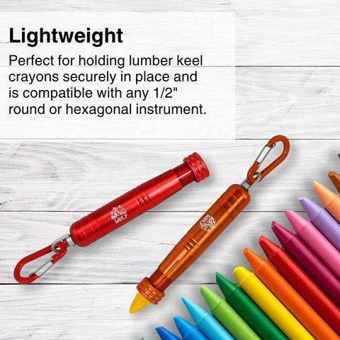 Durable metal lumber crayon holder with an ambidextrous contoured grip, holding a yellow crayon among colored crayons.