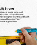Durable metal lumber crayon holder with an ambidextrous contoured grip being used to mark a level on a white wall