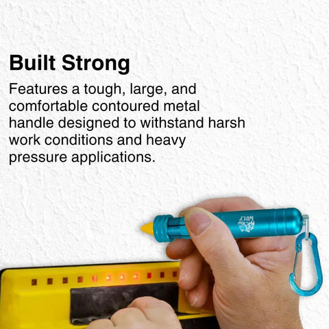 Durable metal lumber crayon holder with an ambidextrous contoured grip being used to mark a level on a white wall