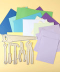 Colored paper sheets with metal cutting dies from Versatile Die Cut Set For DIY Card Making And Scrapbooking With Intricate Metal Cutting Dies Embossing Stencils And Templates For Congratulations Birthday Wedding Decor Cards.