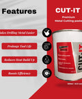 Heavy Duty Metal Drilling Fluid For Aluminum And Stainless Steel That Keeps Your Bits Cool Extends Tool Life And Works As A Water Soluble Cutting Lubricant For Drills Tapping Lathe Bandsaw And Die Tools product image showing "Cut-It" metal cutting paste features.