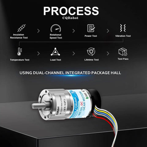 270:1 Metal DC Geared-Down Motor 37Dx72.5L mm 6V/12V with 64 CPR Encoder and Bracket, shown in testing process diagram