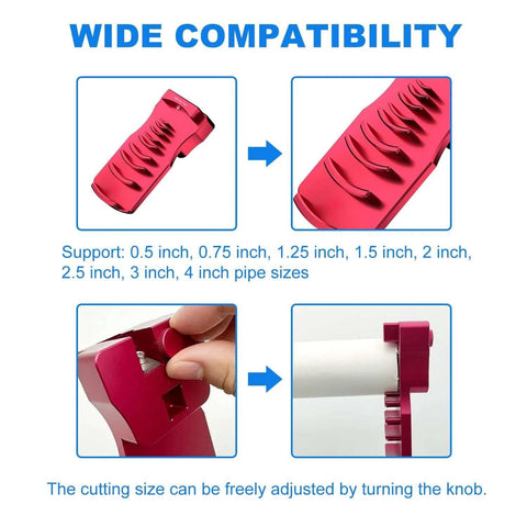 Rugged Metal Body Nine In One PVC Deburring And Chamfer Tool showing adjustable cutting angles for 0.5 to 4 inch pipe sizes