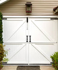 White double garage doors with Two Pack 5.5 Inch Metal Door Handles Heavy Duty Modern Hardware, matte black finish, exterior use.