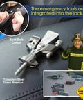 All Metal Portable Door Lock For Travelers with built-in glass breaker and seatbelt cutter shown with emergency features highlighted
