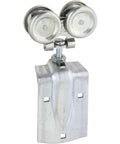 Metal double-wheel roller assembly for sliding doors, featuring a steel construction with a mounting bracket and visible adjustment bolt.