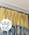 120 Pack Metal Drapery Hooks for Curtains Pinch Pleat Hooks installed on drapery rod, black stainless steel curtain hangers shown