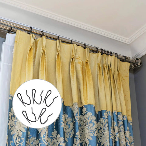 120 Pack Metal Drapery Hooks for Curtains Pinch Pleat Hooks installed on drapery rod, black stainless steel curtain hangers shown