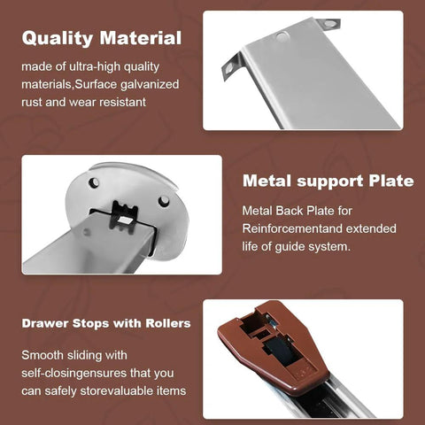 Two Pack Center Track Drawer Slides For Rite Trak II Rails Kit showing quality material, metal support plate, and drawer stops with rollers.