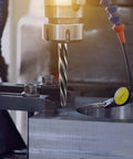 Heavy Duty 4 Piece Pro Grade Taper Reamer Set For Metal And Steel Holes 3 Eighth Inch, 1 Half Inch, 5 Eighth Inch And 3 Quarter Inch M2 HSS Chucking Bridge Reamers For Precise Hole Alignment Before Bolt Or Rivet Installations in use on metal surface with measurement tool.