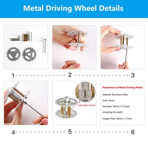 Assembly and details of metal driving wheel for Large Metal 4WD Shock Absorption Robot Tank Chassis Kit Compatible With Arduino Raspberry Pi MicroBit.