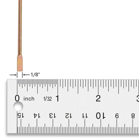 Close-up of a durable metal emergency privacy key for Kwikset interior privacy locks next to a ruler showing 1/8 inch width.