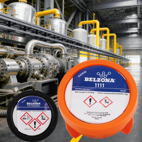 Belzona 1111 Super Metal Epoxy Kit For Metal Repair Pipe Tank Or Pump Solvent Free Built Tough Heavy Duty Strength And Lasting Protection Corrosion And Chemical Resistant No Welding Needed One Kilogram shown with industrial machinery background