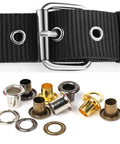 600 Pcs Three Sixteenth Inch Metal Eyelets Grommets Kit With Three Piece Tool Set And Storage Box In Four Colors, shown with belt
