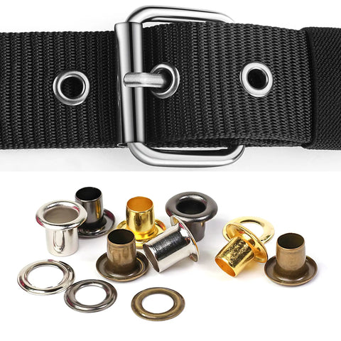 600 Pcs Three Sixteenth Inch Metal Eyelets Grommets Kit With Three Piece Tool Set And Storage Box In Four Colors, shown with belt