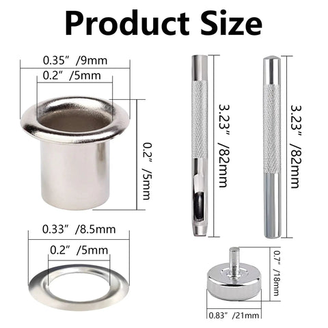 Image detailing the size of metal eyelets and tools in the 600 Pcs Three Sixteenth Inch Metal Eyelets Grommets Kit With Three Piece Tool Set And Storage Box In Four Colors For Shoes Clothes Bags And DIY Crafts Projects Great For Leather Work And Everyday DIY Projects.