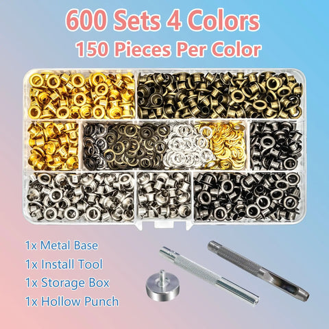 600 Pcs Three Sixteenth Inch Metal Eyelets Grommets Kit With Three Piece Tool Set And Storage Box In Four Colors For Shoes Clothes Bags And DIY Crafts Projects Great For Leather Work And Everyday DIY Projects, shown in a plastic organizer.