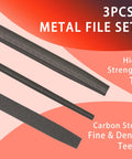Three Piece 8 Inch Professional File Set with High Carbon Steel Files for Metal, Wood, and Plastic; flat, half-round, round.