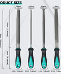 4 Piece Metal File Set With 8 Inch Hand Files And Handles Plus 12 Sheets Sandpaper, showing file sizes and ergonomic handles.