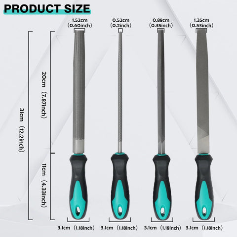 4 Piece Metal File Set With 8 Inch Hand Files And Handles Plus 12 Sheets Sandpaper, showing file sizes and ergonomic handles.