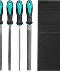 4 Piece Metal File Set With 8 Inch Hand Files And Handles Plus 12 Sheets Sandpaper for metalworking and shaping.
