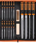 Twenty Five Piece Metal File Set With T12 Drop Forged Alloy Steel For Woodworking Metalworking And Plastic Includes Four Large Files Twelve Needle Files Carry Case Six Sandpapers A Brush And A Pair Of Working Gloves Ideal For Home Workshop Pro Projects in carry case.