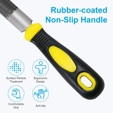 Close-up of rubber-coated non-slip handle of 3 Piece 8 Inch High Carbon Steel Metal File Set Includes Flat Round And Half Round Files For Metal And Wood Smoothing Shaping Deburring Durable Hand Files With 62 To 66 HRC Hardness For Long Lasting Sharp Edges