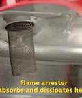 Close-up of 5 Gallon Diesel Safety Can With Flame Arrester Self Closing Lid Flexible Five Eighth Inch Metal Spout Type II Flammable Storage