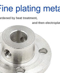 Durable 7mm metal flange shaft couplings with a 0.28 inch bore, heat treated and electroplated for wear resistance.