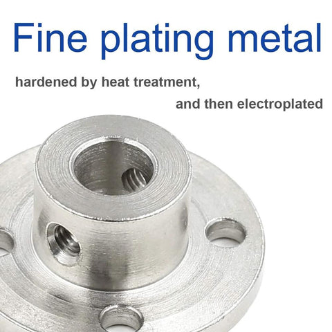 Durable 7mm metal flange shaft couplings with a 0.28 inch bore, heat treated and electroplated for wear resistance.