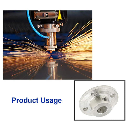 Close-up of durable 7mm metal flange shaft couplings with a 0.28 inch bore, shown in industrial use with visible sparks.