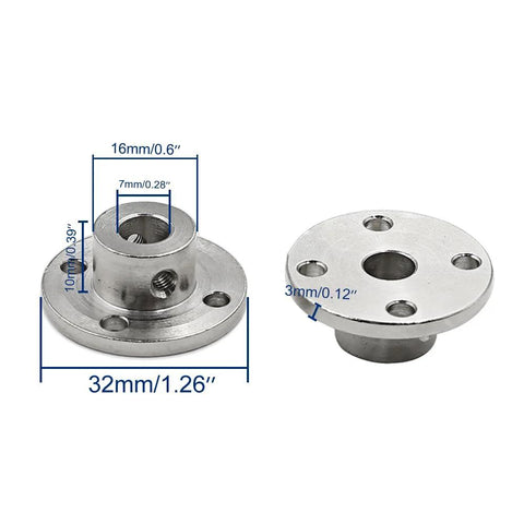 Durable 7mm metal flange shaft couplings with a 0.28 inch bore, 2-pack, shown with measurements, for RC motors and hobby builds.
