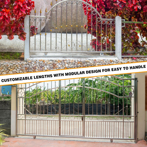 Steel gates with customizable lengths, showing modular design for easy handling. Suitable for outdoor use in driveways.