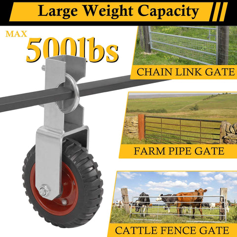 6 Inch Gate Wheel Set For Farm Gates, 2 Pack Gate Support Wheels with adjustable under mount caster on metal gate.
