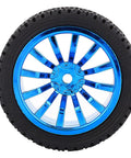 Close-up of a blue metal wheel from DC 12V Encoder Gear Motor 65mm Full Metal Geared Motor with Mount Bracket and Wheel Kit.