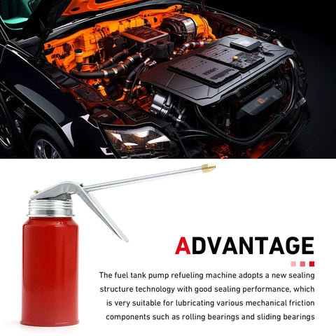 Two Pack Metal Hand Pump Oil Can for Cars and Motorcycles, 200 ml red dispenser with spout, ergonomic curved handle, leak resistant design.