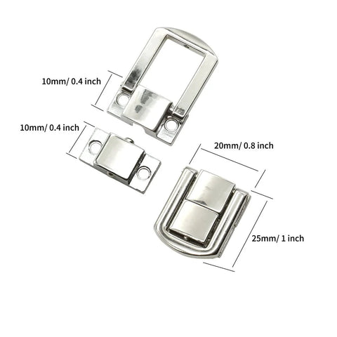 Image showing 12 Pieces Metal Hasp Latch Clasps Set with 25x20mm silver finish, ideal for boxes and DIY projects, displayed with measurements.