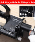 Metal Concealed Hinge Jig With Quick Clamp And Dust Vacuum Adapter For 35mm Cabinet Hinges Drilling Jig, depth setup close-up.
