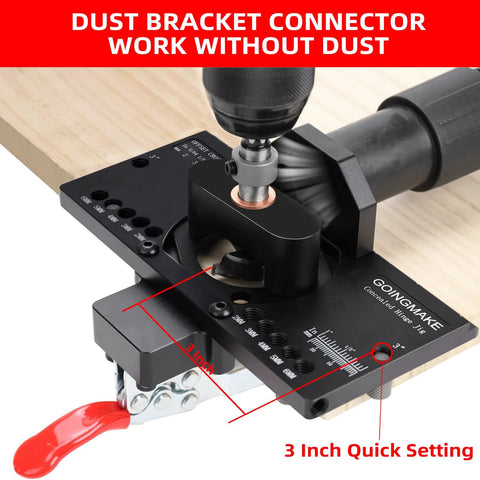 Metal Concealed Hinge Jig With Quick Clamp And Dust Vacuum Adapter in use with drill, precise 35mm holes for cabinets, GOINGMAKE