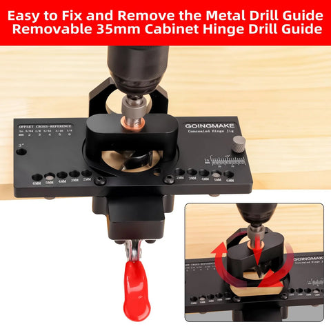 Metal Concealed Hinge Jig With Quick Clamp And Dust Vacuum Adapter for 35mm Cabinet Hinges Drilling Jig in action on wood