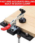 Metal Concealed Hinge Jig with quick clamp and dust vacuum adapter in use for 35mm cabinet hinges, precise drilling on wood.