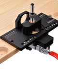 Metal Concealed Hinge Jig With Quick Clamp And Dust Vacuum Adapter For 35mm Cabinet Hinges Drilling Jig in use on a wooden board