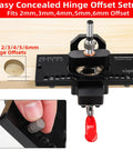 Metal Concealed Hinge Jig With Quick Clamp And Dust Vacuum Adapter for 35mm cabinet hinges, showing offset setup and ruler measurement.