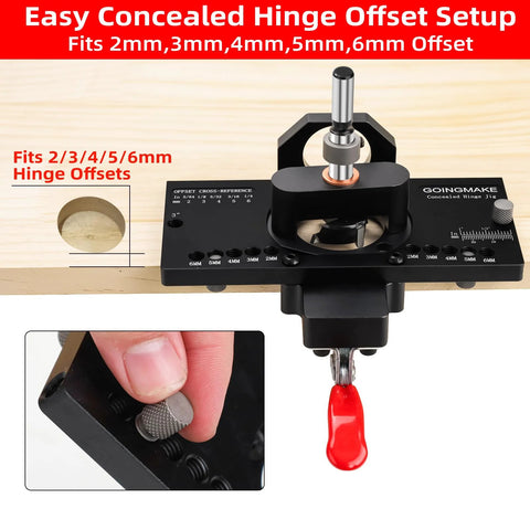 Metal Concealed Hinge Jig With Quick Clamp And Dust Vacuum Adapter for 35mm cabinet hinges, showing offset setup and ruler measurement.