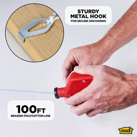 Durable ABS Tuff Line contractor chalk reel delivers precise layout marking with a 0.06 in braided line and 100 ft reach, shown in use