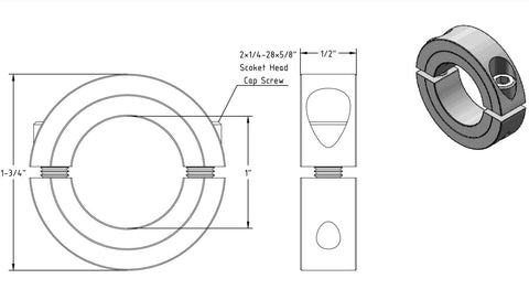 Technical drawing and 3D view of a circular clamp with socket head cap screw, showing dimensions and design details.
