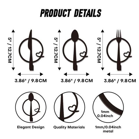 Product details of Three-Piece Knife, Fork and Spoon Kitchen Hook - Metal Wall Hanging with dimensions and elegant design features.