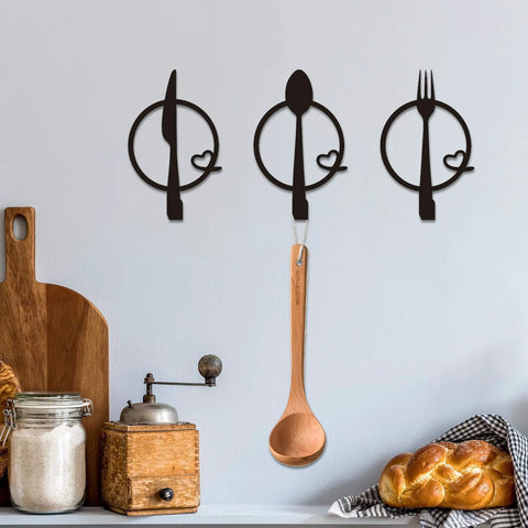 Three-Piece Knife, Fork and Spoon Kitchen Hook - Metal Wall Hanging, decor with wooden board and bread, practical kitchen artwork.
