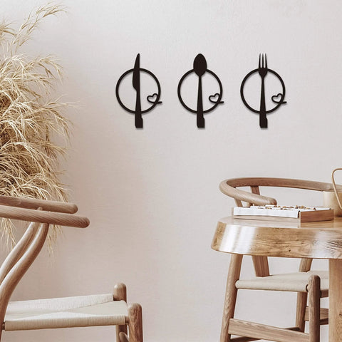 Three-Piece Knife, Fork and Spoon Kitchen Hook - Metal Wall Hanging in a modern dining area, decorative and functional wall art
