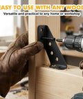 Installing stainless steel L bracket on wood with drill, featuring 88PCS L Brackets for Shelves,4 Sizes Angle Corner Braces Metal L Bracket Heavy Duty for Wood,Stainless Steel Furniture Corner Connector, Corner Brackets for Wood (0.97,1.55,2.44) designed for smooth motion and stable alignment in automation.